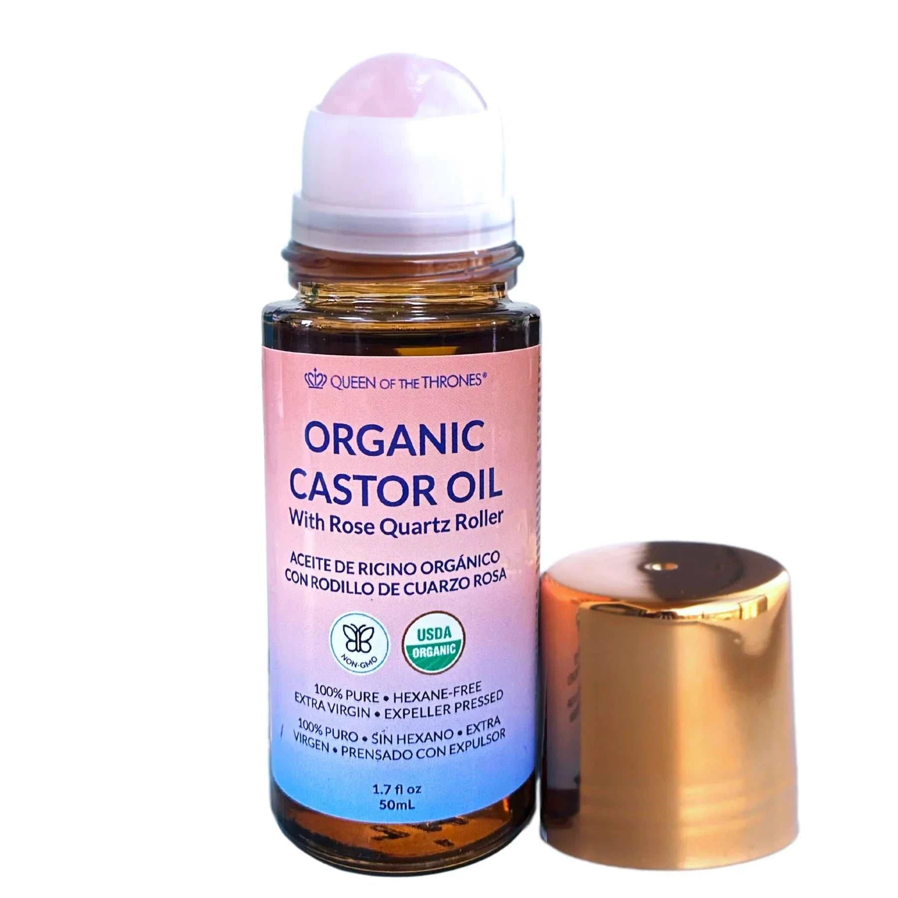 Organic Castor Oil Roll-On 1.7oz with Rose Quartz Roller in Amber Glass Bottle