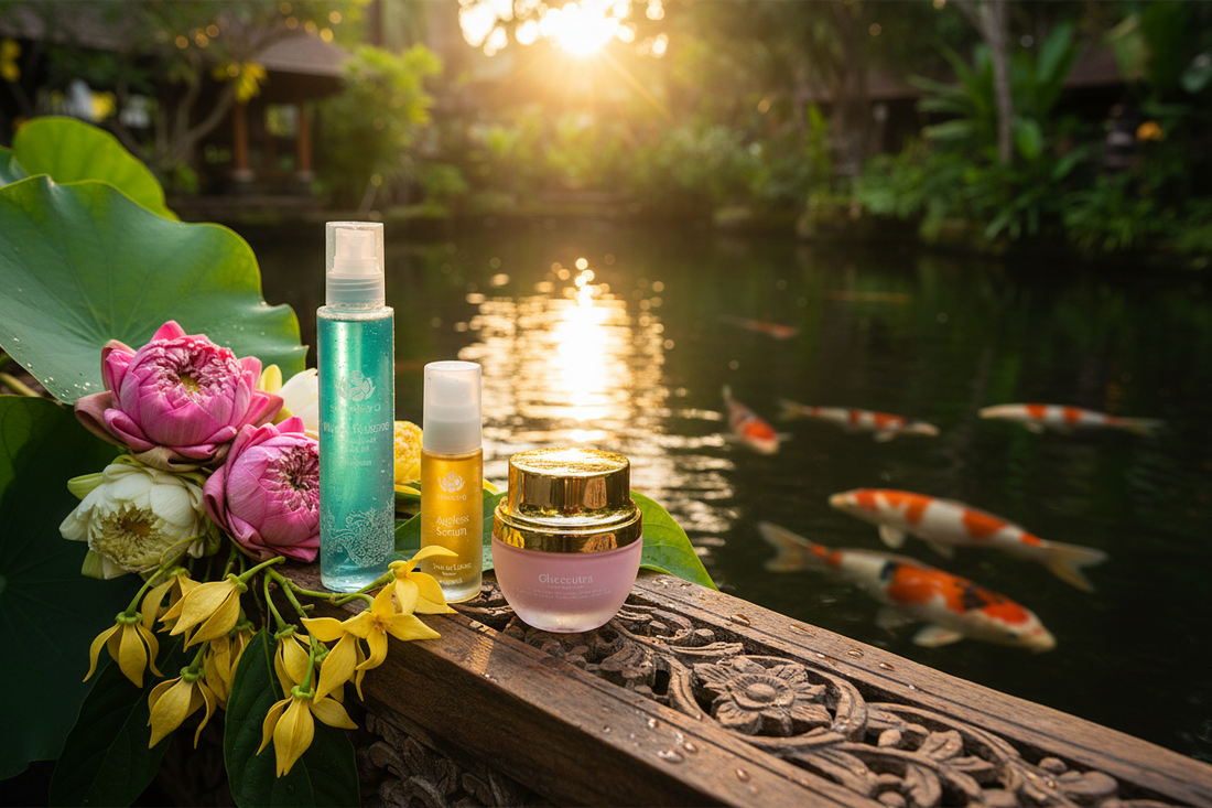 Shankara Anti-Age Serum, Gheesutrā Face Emulsion, and Muscle Release Oil nestled in lotus blossoms in a Bali spa setting