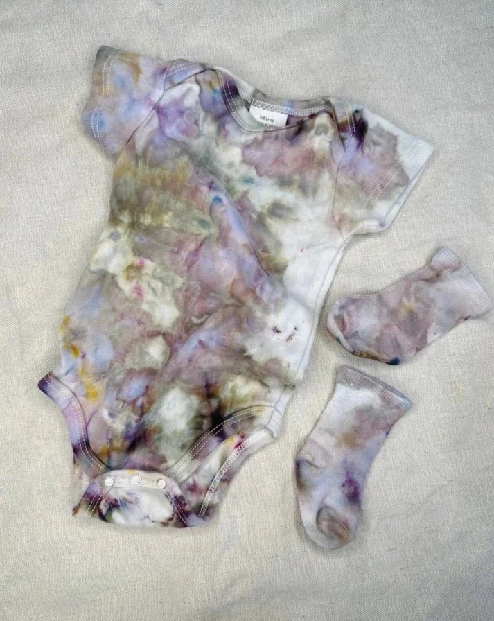 Organic Twilight Onesies in hand-dyed, unique patterns made from 100% organic cotton.