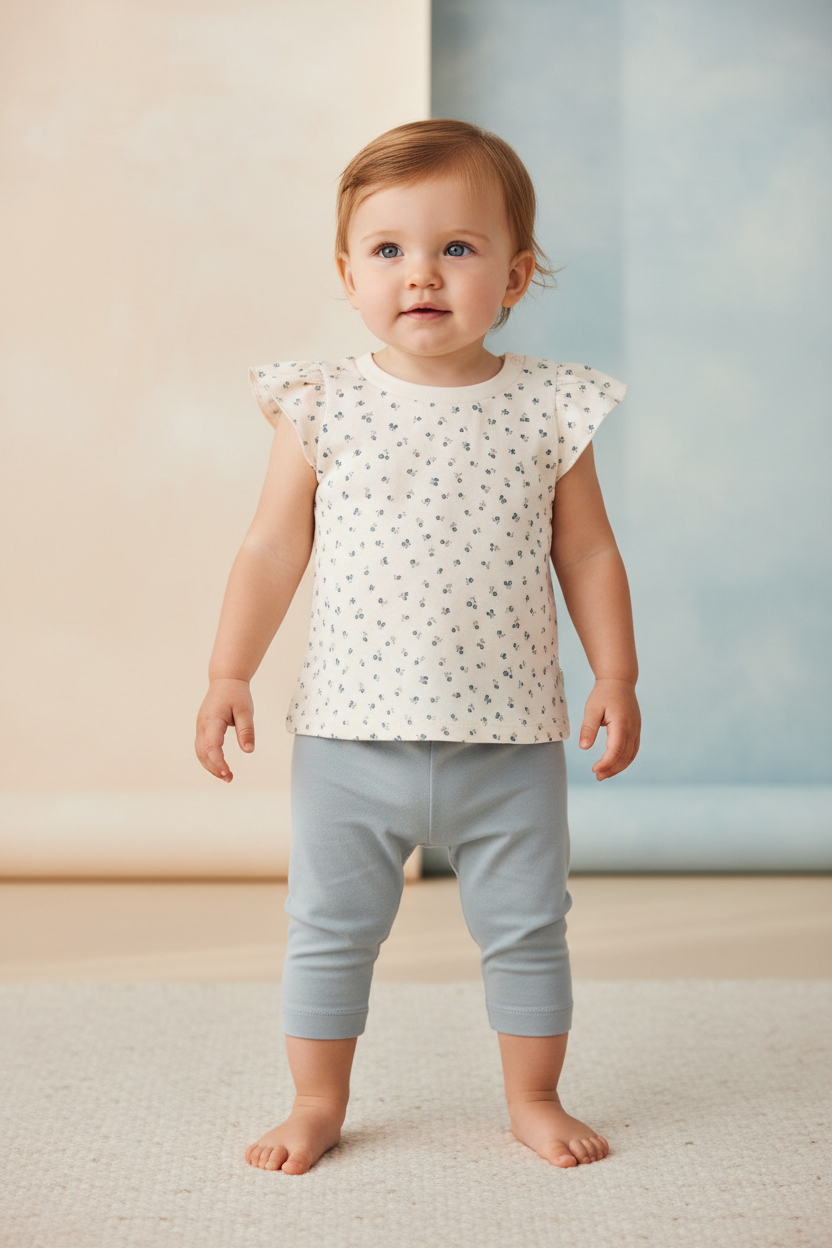 1-year-old in Pearl Petal Sleeve Tee Minni Floral + Mist Leggings