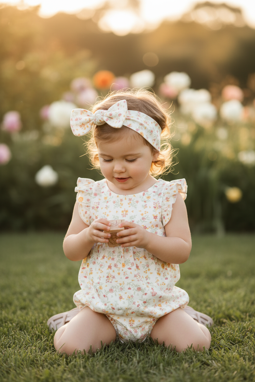 2-year-old in Bianca Floral Sommer Romper with flat side bow