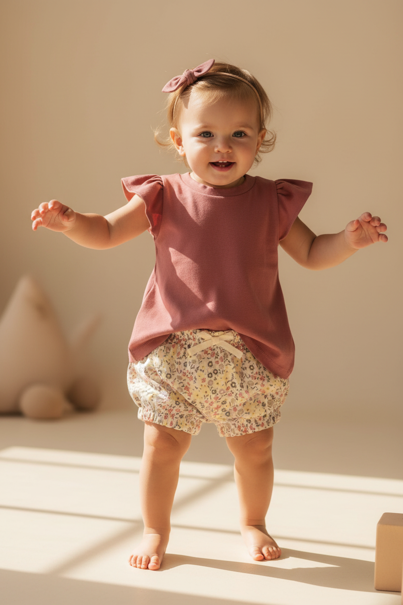 2-year-old in Giada Floral Bloomers + Berry Flutter Sleeve Top untucked