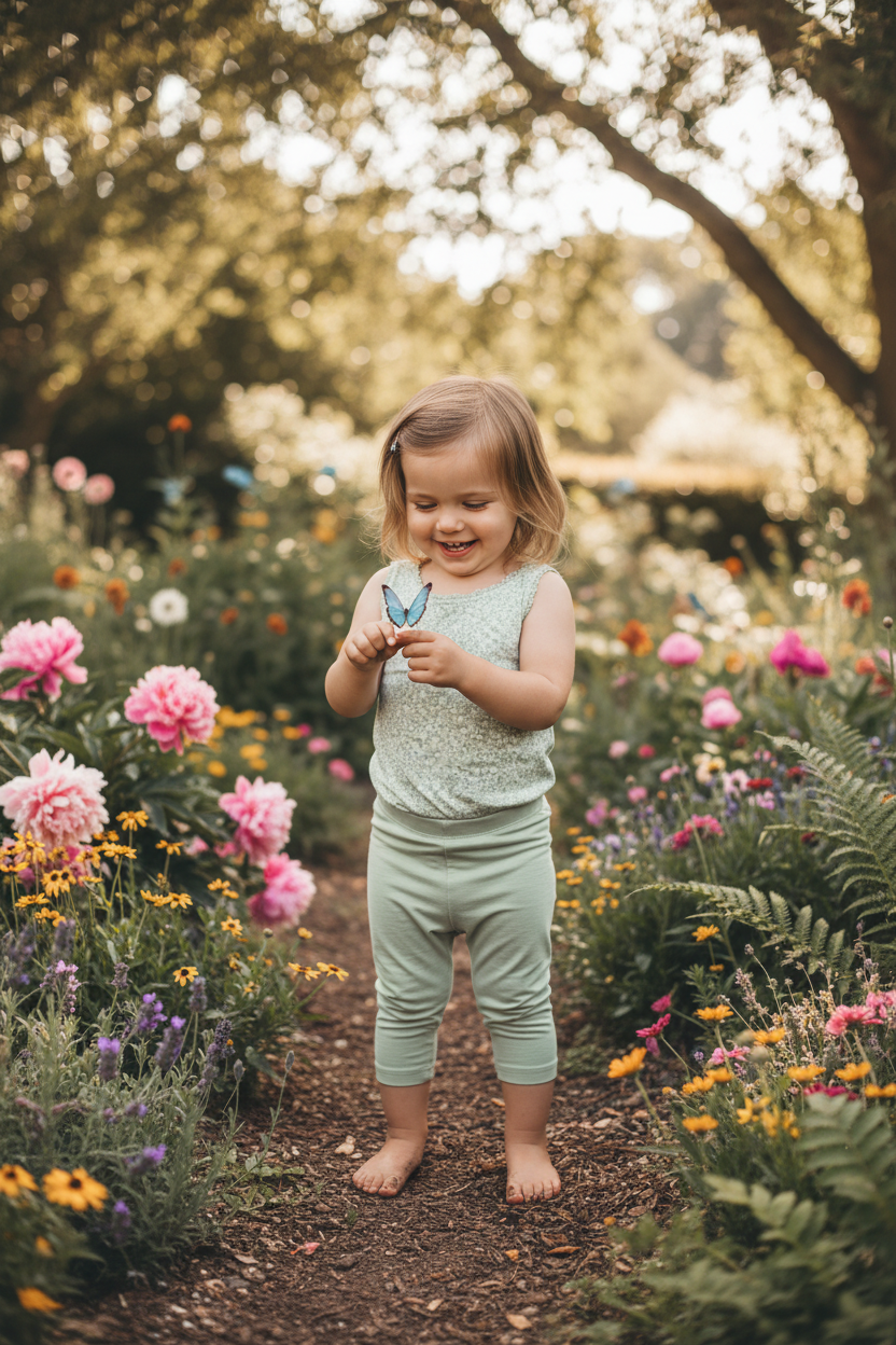 2-year-old in Gwen Floral Luna Lace Bodysuit + Mint Leggings styled correctly in garden