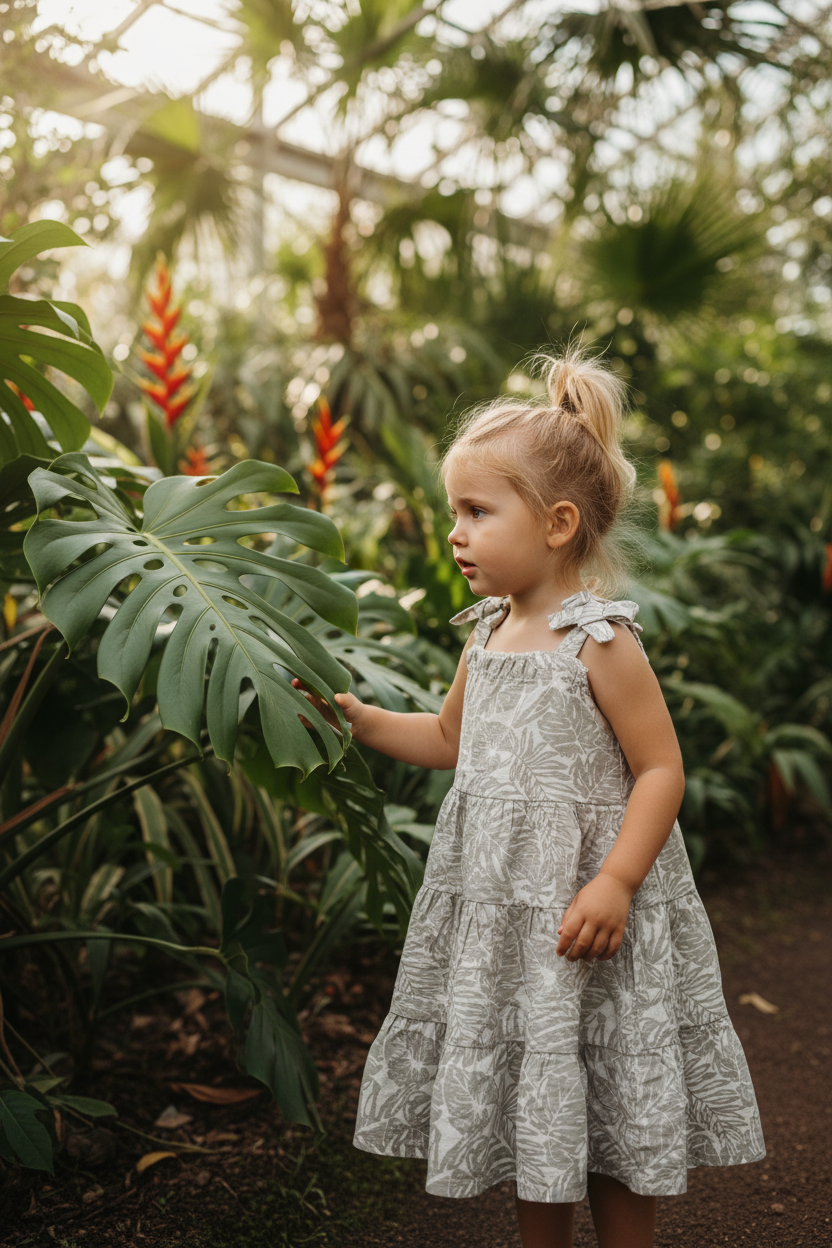 4-Year-Old Girl in Tropical Dress - Botanical Garden