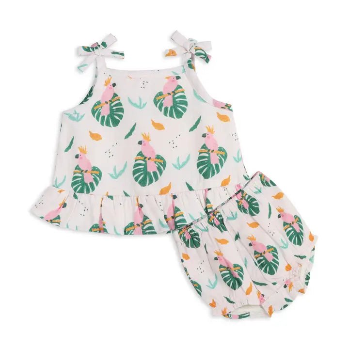 Parrot Shoulder Tie Baby Top + Bottom (Organic Muslin)