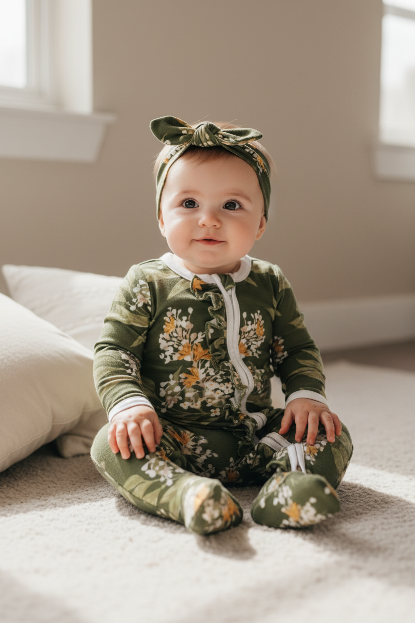 6 Month Baby Girl in Green Floral Outfit