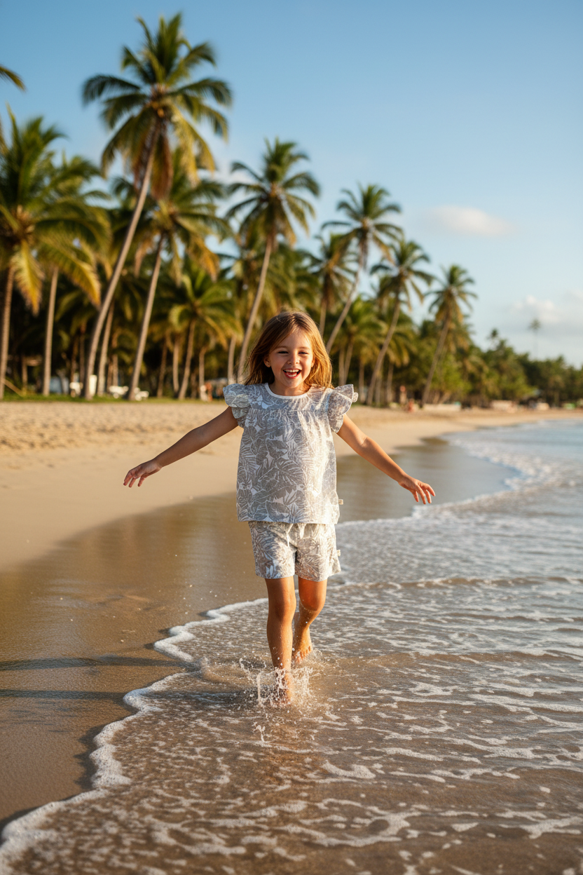 6-Year-Old Girl in Tropical Ruffle Set on Beach