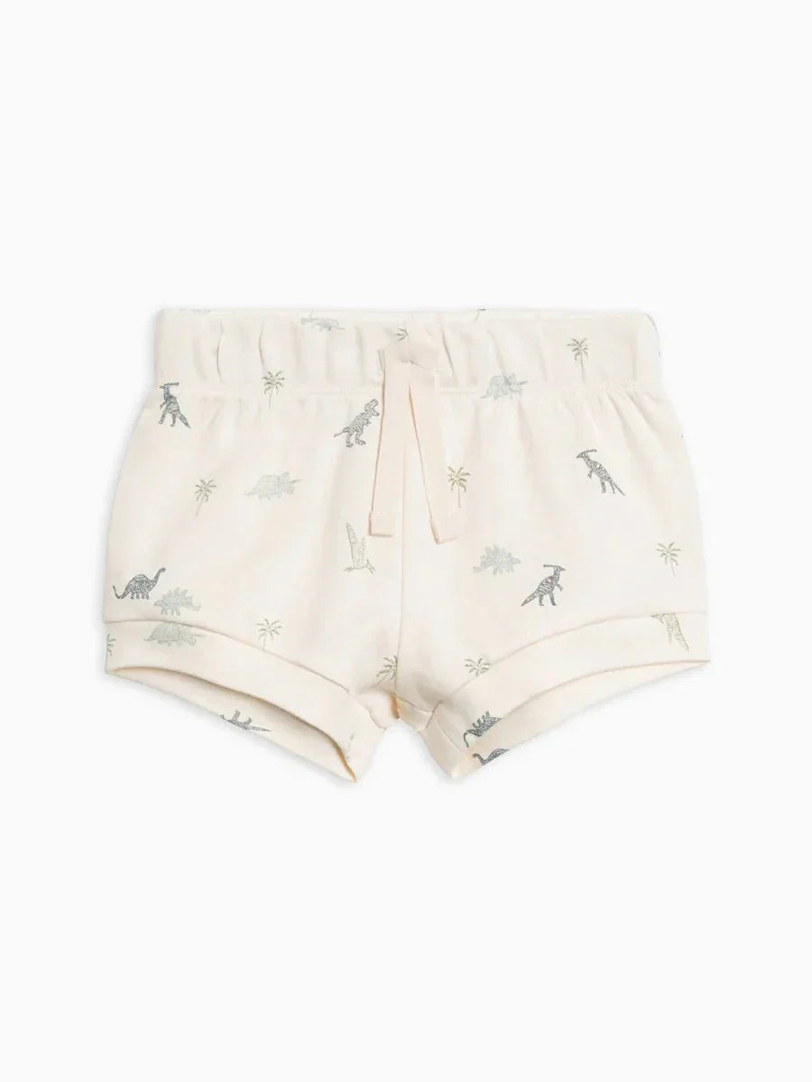 Organic cotton Dino-Mite Havana shorts for kids, featuring dinosaur prints and rib waistband.