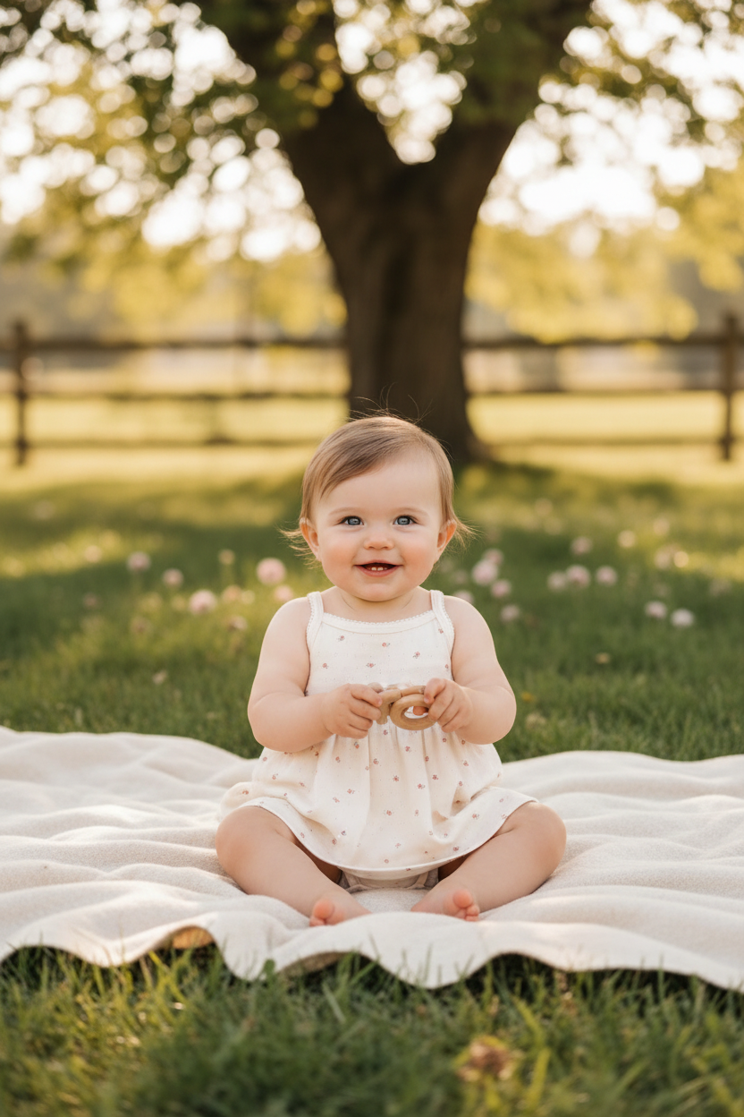 9-month-old baby girl in Soleil Pointelle Bodysuit Dress Rosa Floral
