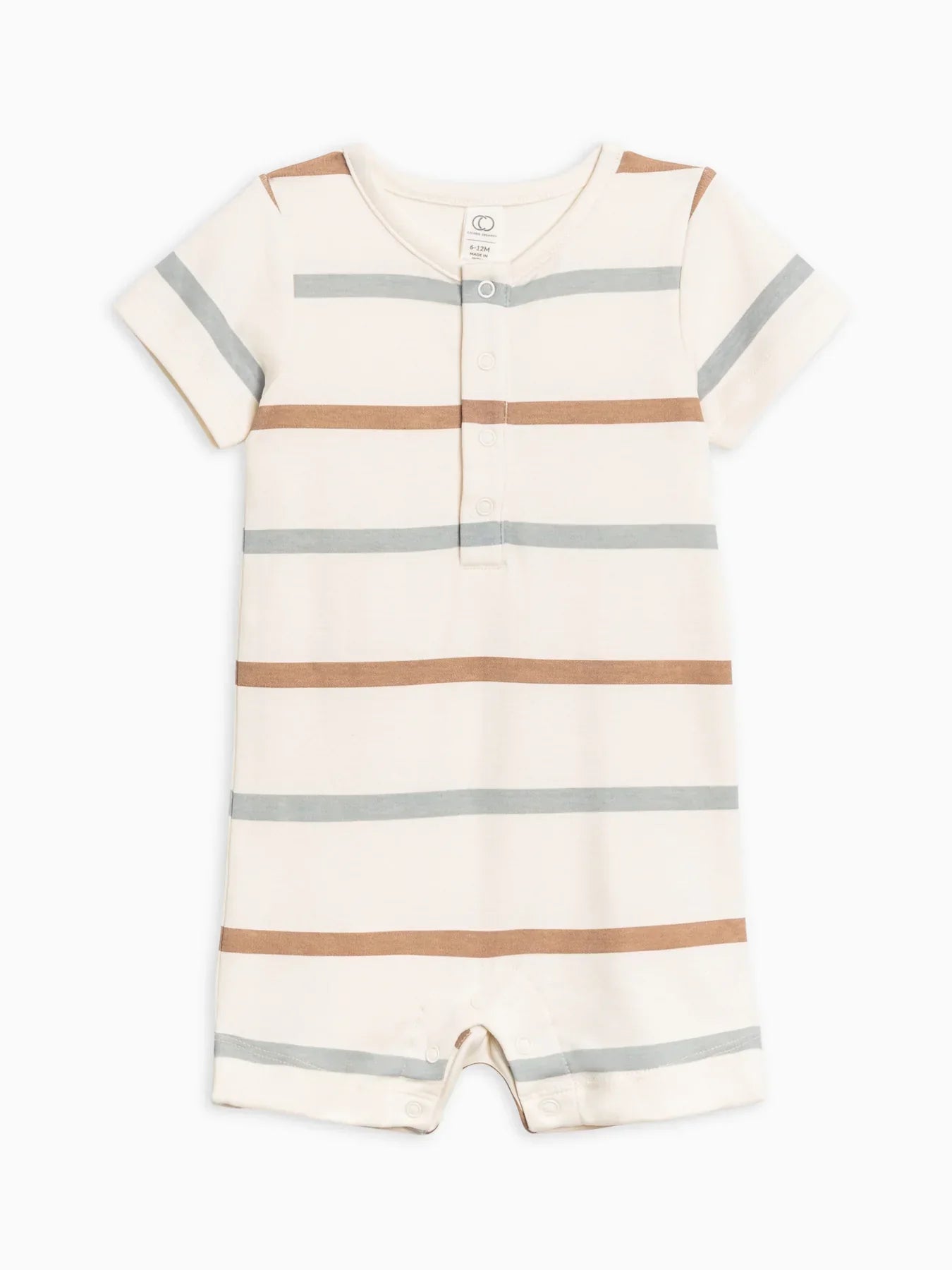 Mason Short Sleeve Romper in striped organic cotton with nickel-free snaps.