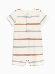 Mason Short Sleeve Romper in striped organic cotton with nickel-free snaps.