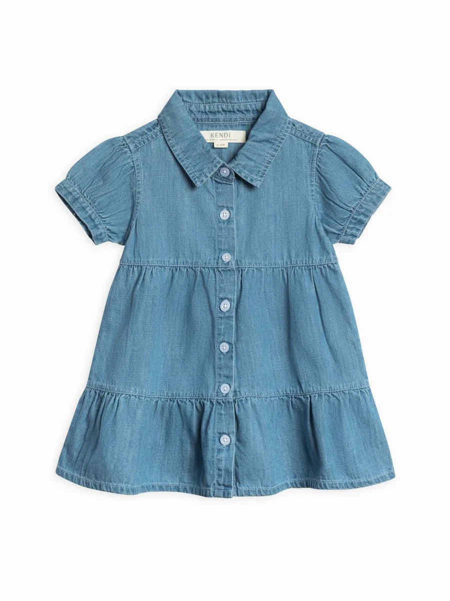 Pippa Chambray Short Sleeve Shirt Dress with puff sleeves and tiered ruffle skirt in soft organic cotton.
