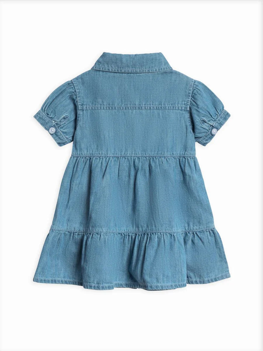 Pippa Chambray Short Sleeve Shirt Dress with tailored collar and tiered ruffle skirt.