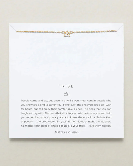 TRIBE DAINTY friendship necklace on display card, featuring an adjustable brass chain with a small pendant, available in 14k gold and silver finishes.