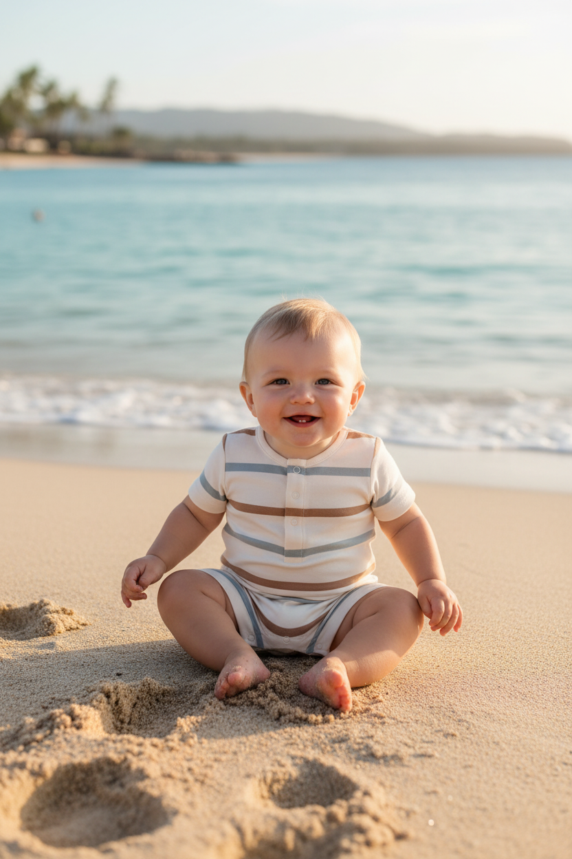 Baby boy wearing Mason Short Sleeve Romper by the water