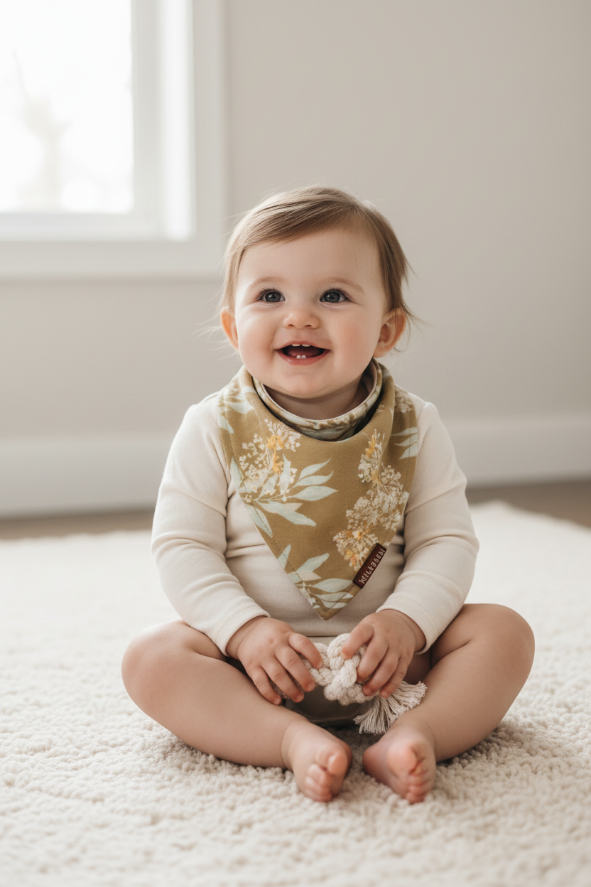Baby Girl in Gold Floral Kerchief Bib