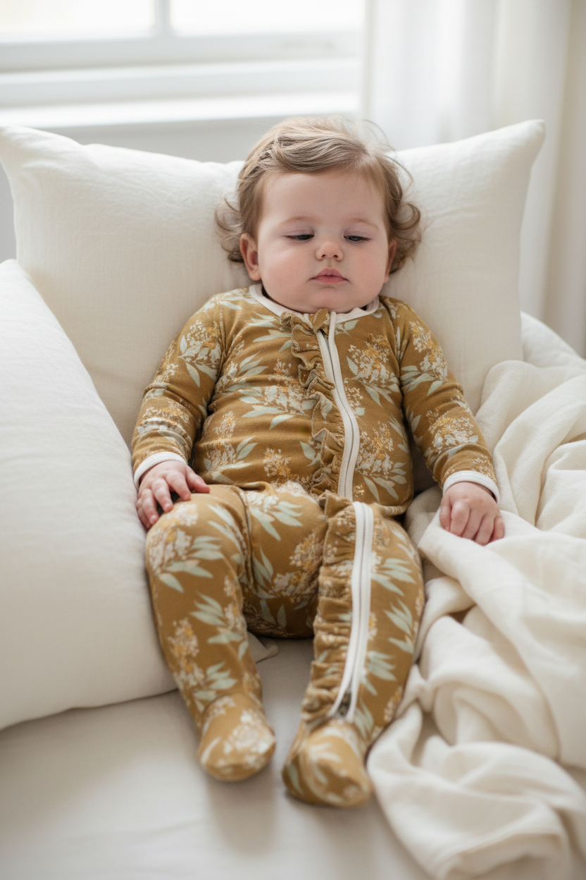 Baby Girl in Gold Floral Ruffle Romper