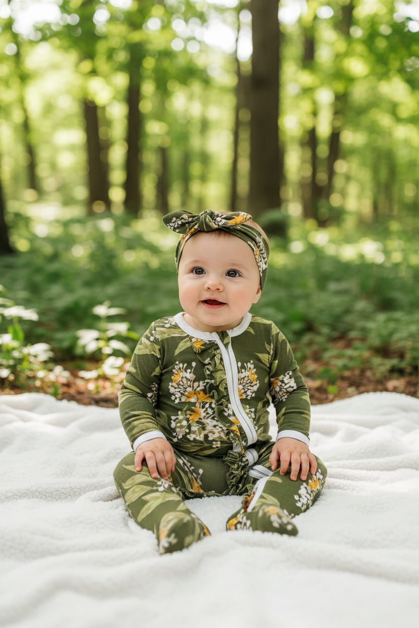 Baby Girl in Green Floral Outfit Outdoors
