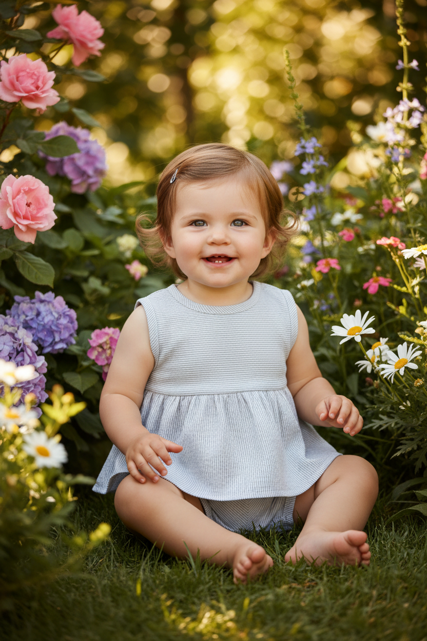 Baby girl wearing Cari Seersucker Peplum Top with shorts outdoors