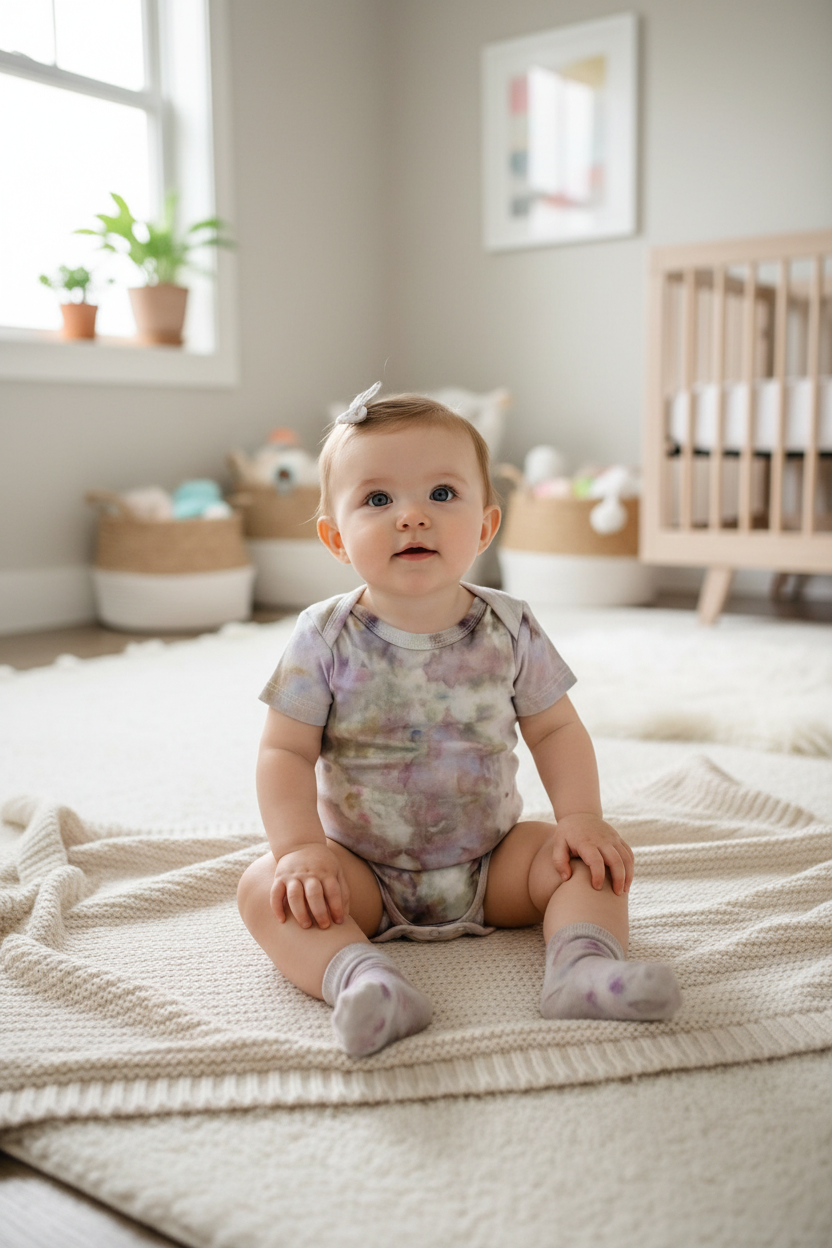Baby girl wearing Organic Twilight Onesies in styled nursery setting