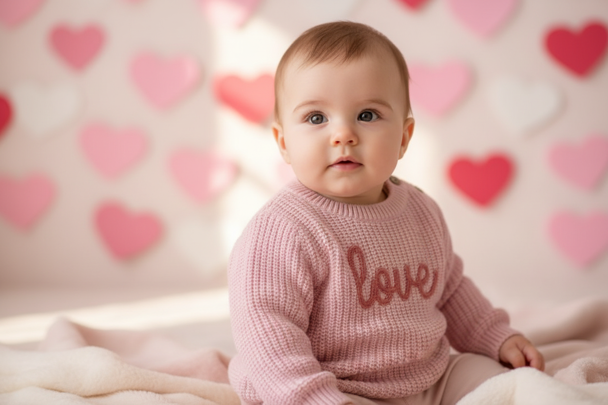 Baby wearing Love Embroidered Sweater - Valentine's Theme with clear embroidery view