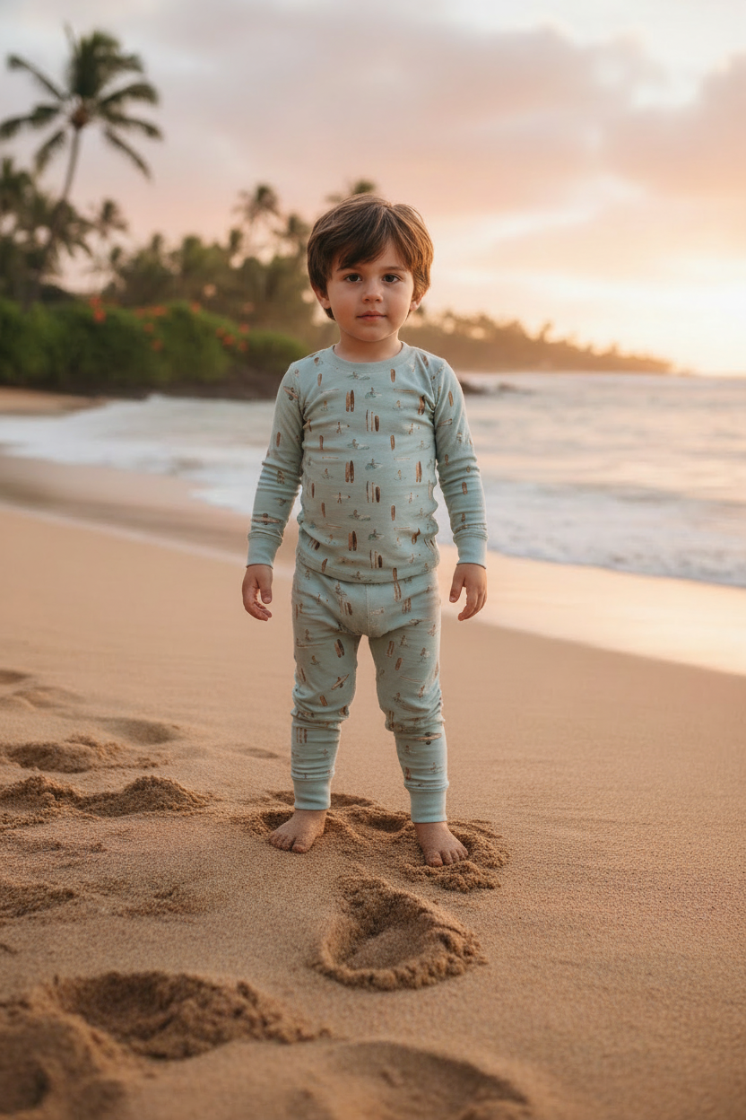 Boy Standing in Vintage Surf Pajamas on Hawaiian Beach