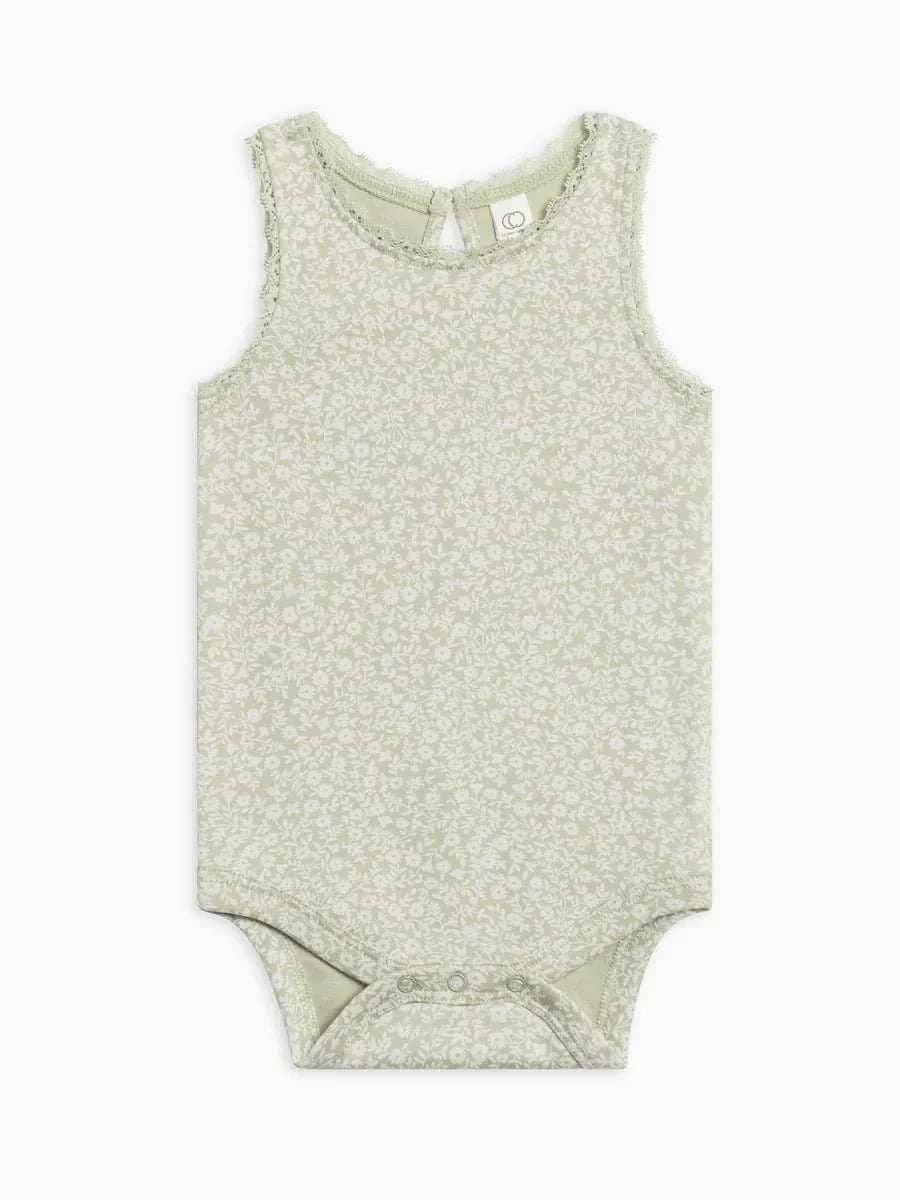Luna Lace Tank Bodysuit in organic cotton with delicate lace trim.