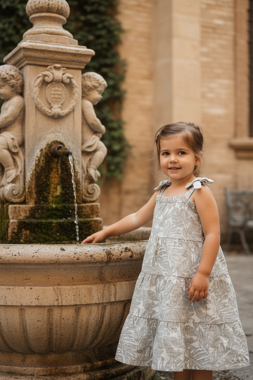 Girl in Tropical Dress by Italian Fountain