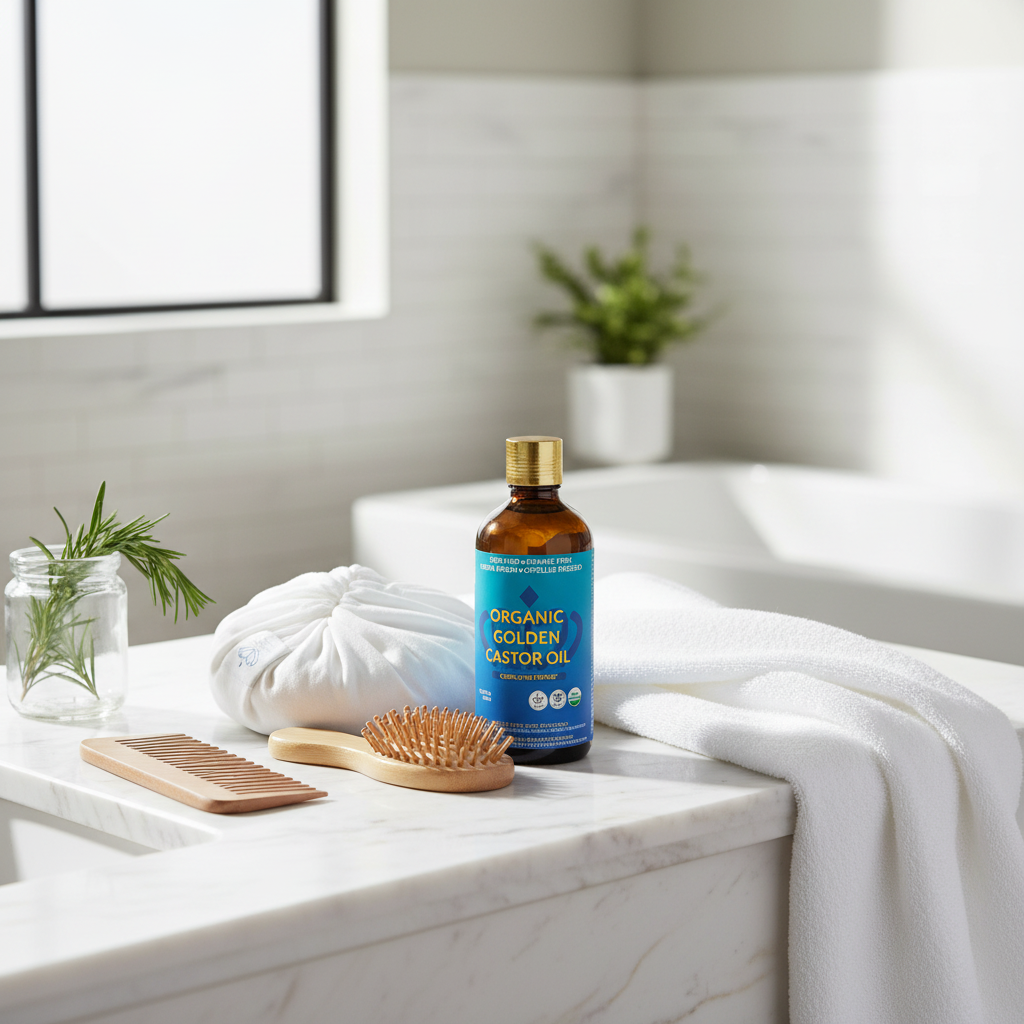 Castor Oil Hair Mask Kit on marble vanity with wooden comb and rosemary