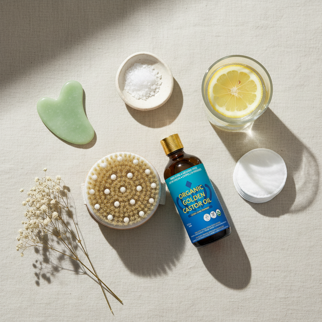 Lymphatic Dry Brush Kit flat lay with jade gua sha and wellness elements