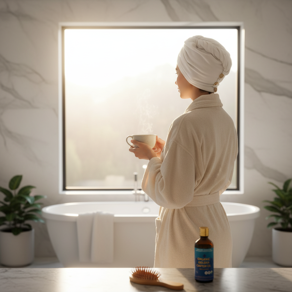 Woman using Castor Oil Hair Mask Kit in white bathrobe by window