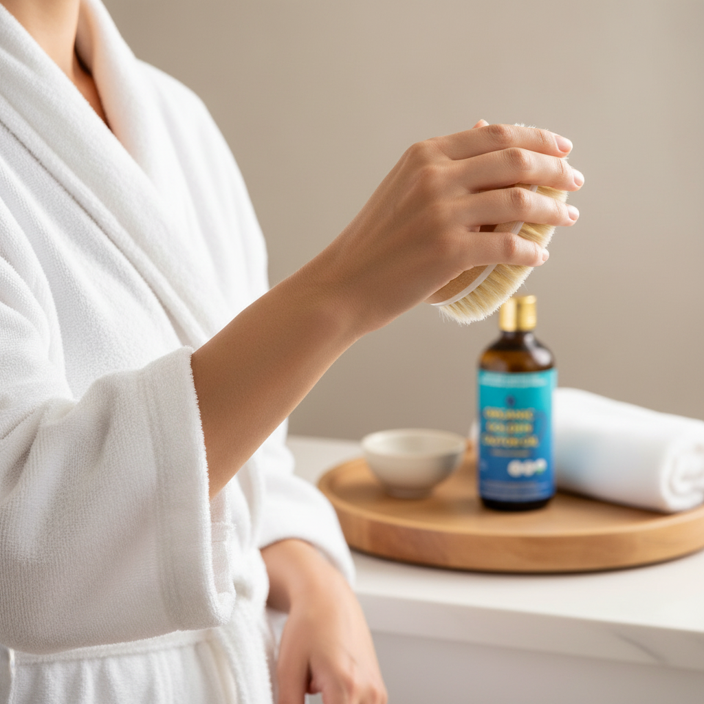 Woman using Lymphatic Dry Brush on arm in white bathrobe