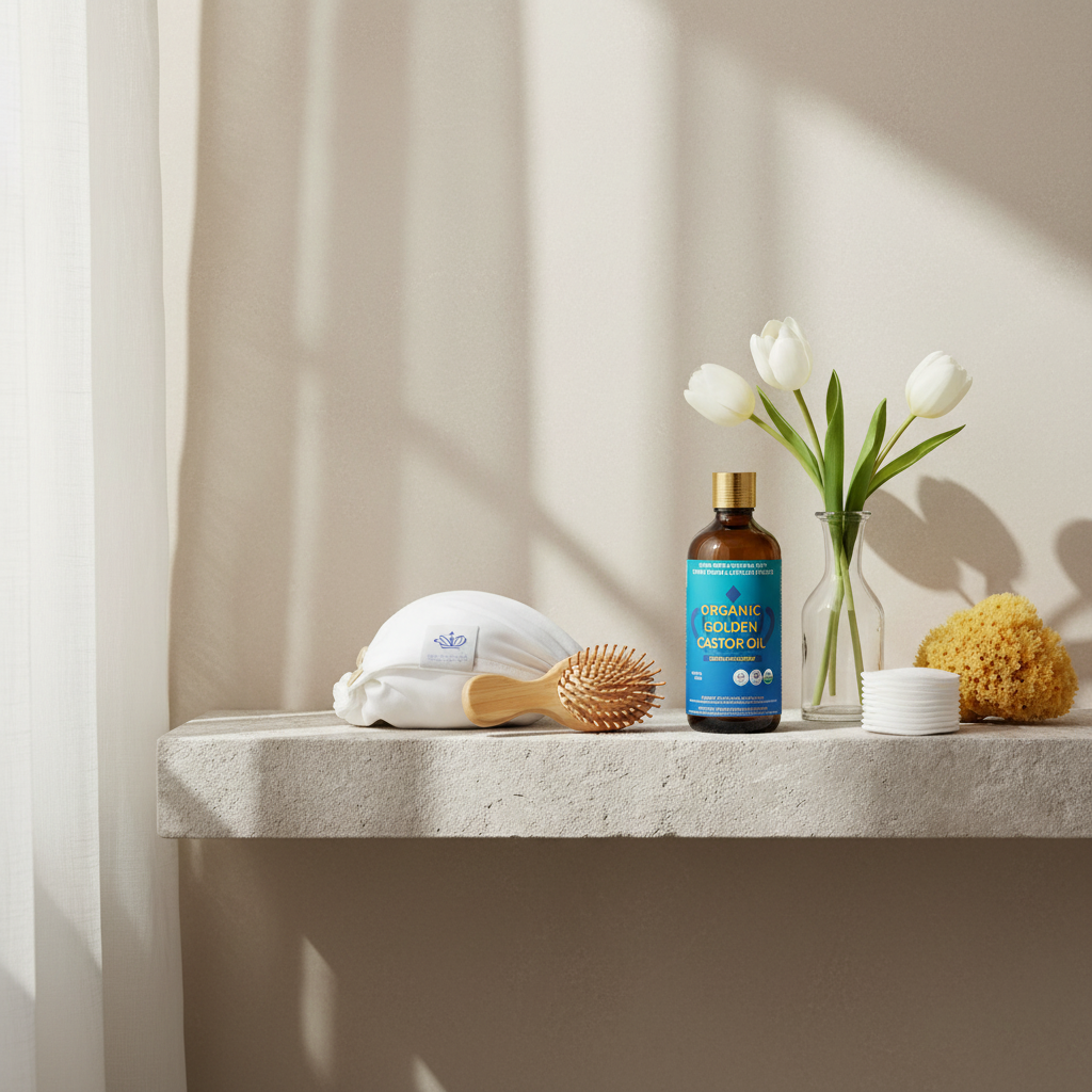 Castor Oil Hair Mask Kit on stone shelf with tulips and spa accessories