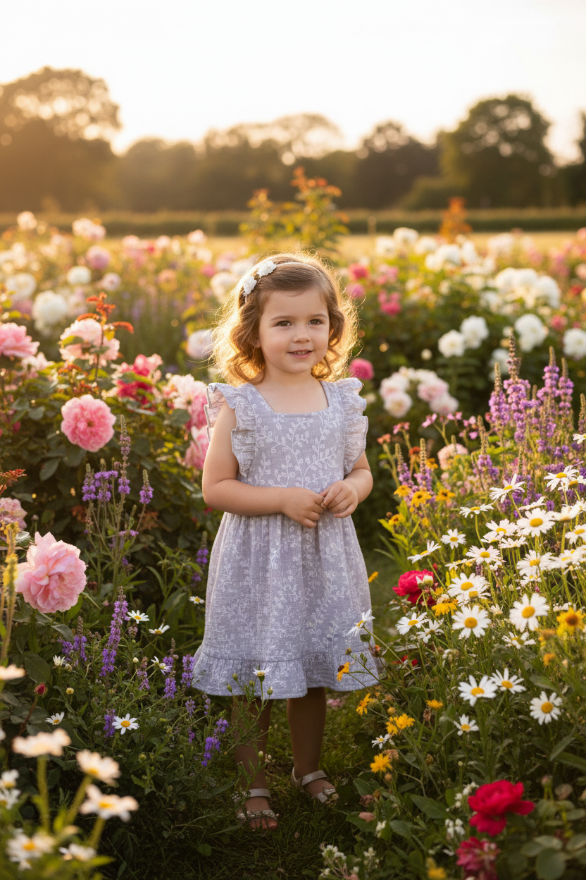 Little girl in exact Jane Muslin Dress with flowers