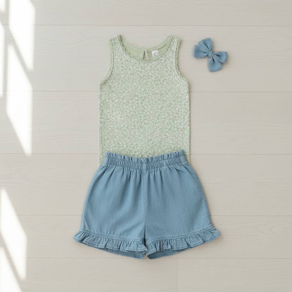 Luna Lace Tank Bodysuit Gwen Floral + Callie Chambray Ruffle Waist Short