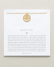 NEVER LOST NECKLACE with compass design in 14k gold on inspirational card.