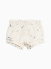 Organic cotton Dino-Mite Havana shorts for kids, featuring dinosaur prints and rib waistband.
