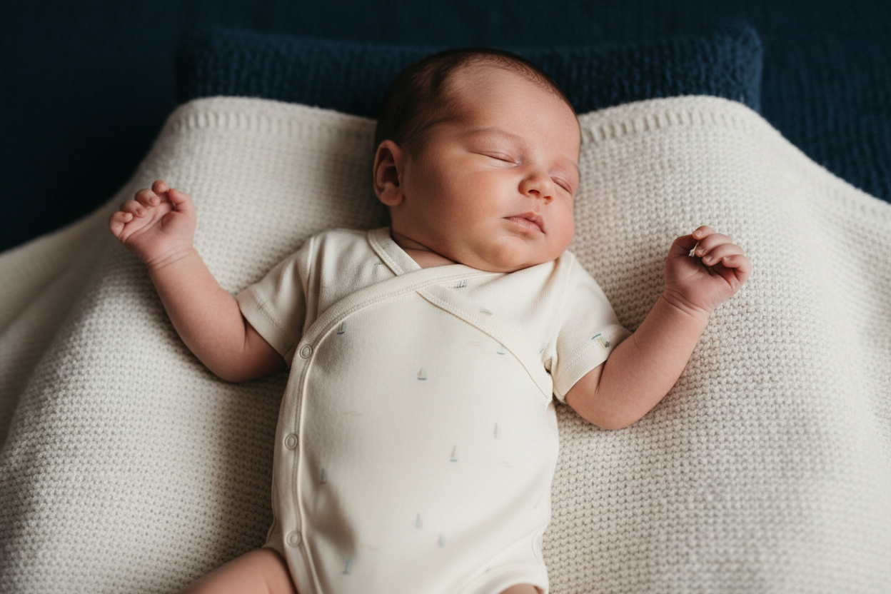 Newborn baby boy in Marina sailboat bodysuit - arms out, bodysuit on full display
