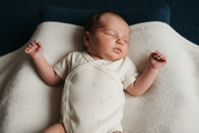 Newborn baby boy in Marina sailboat bodysuit - arms out, bodysuit on full display