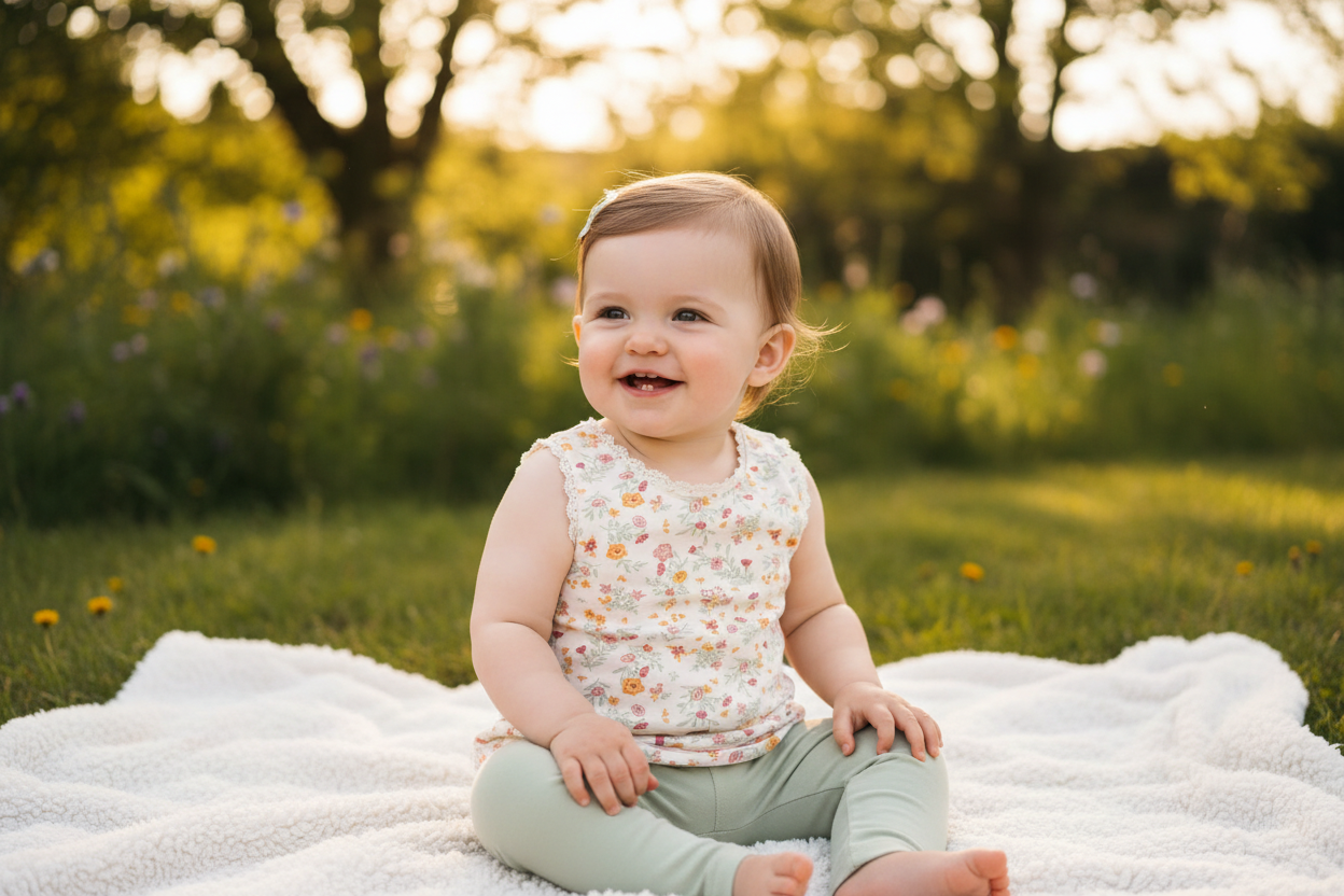 Selene Lace Tank Bianca Floral + Sage Green Leggings on 1-year-old girl