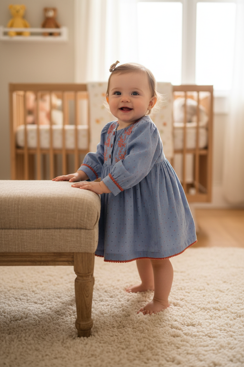 Standing baby girl wearing Embroidered Corduroy Tie Dress & Bloomer
