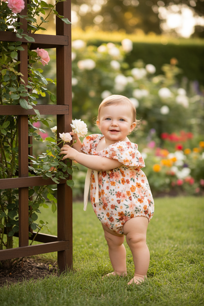 Standing baby girl wearing Summer Floral Baby Bubble Romper outdoors