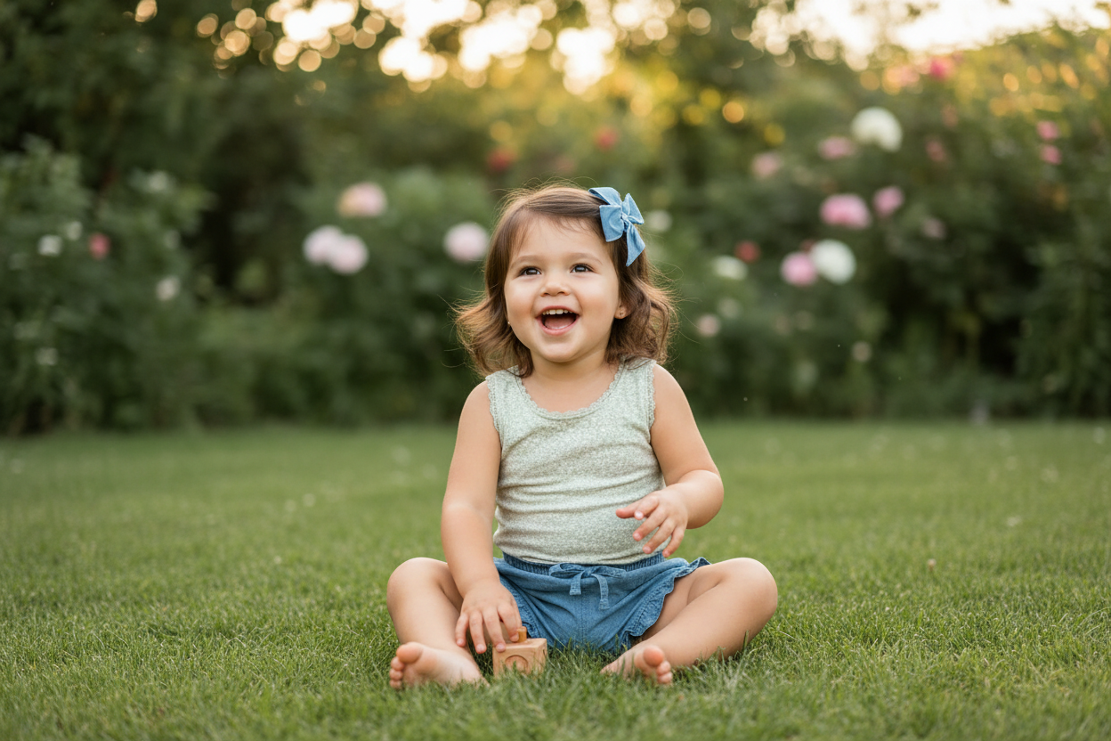 Toddler girl outside in Luna Lace + Callie Chambray outfit