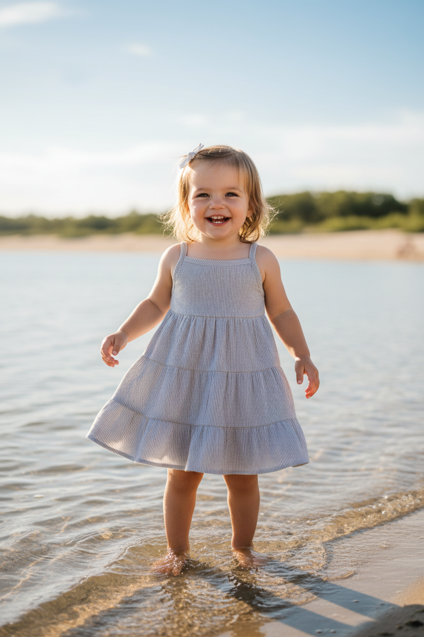 Toddler girl wearing Cari Seersucker Tiered Dress by the water