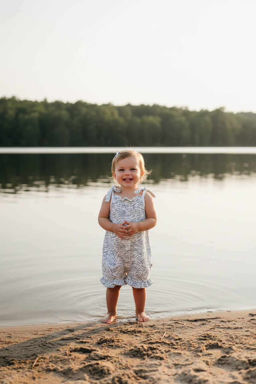 Toddler in Exact Ocean Wave Jumpsuit at Lake