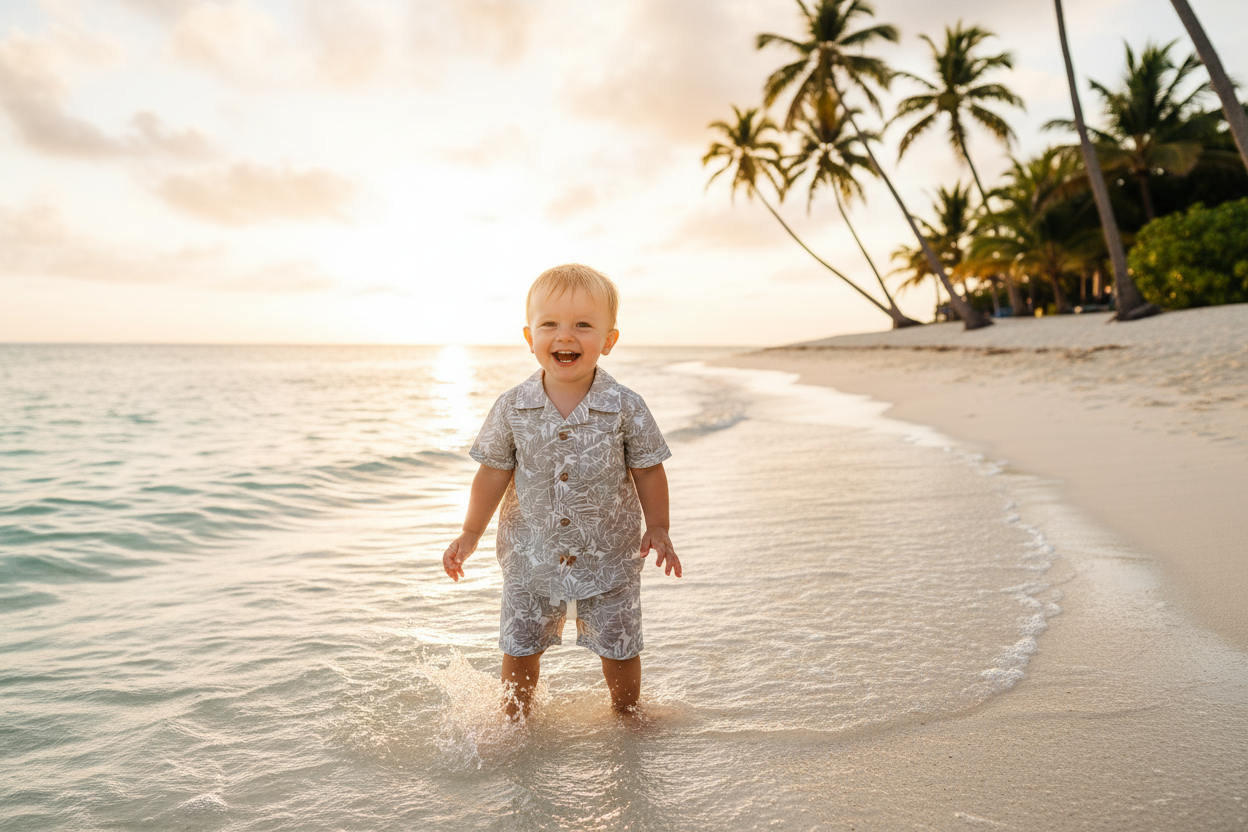Toddler in Tropical Shirt & Short Set on Beach