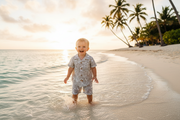 Toddler in Tropical Shirt & Short Set on Beach