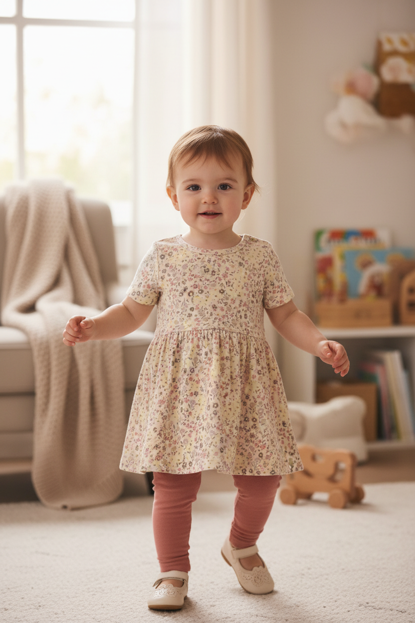 Toddler wearing Stella Short Sleeve Swing Dress with matching leggings