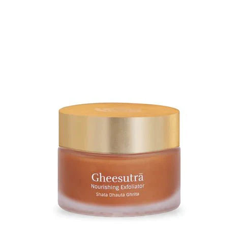 Gheesutrā Nourishing Exfoliator jar with a gold lid, designed for all skin types.
