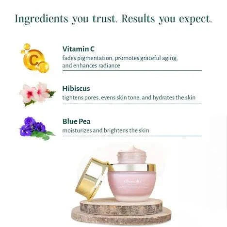 Gheesutrā Face Emulsion with Vitamin C, Hibiscus, and Blue Pea displayed on a circular wooden stand.
